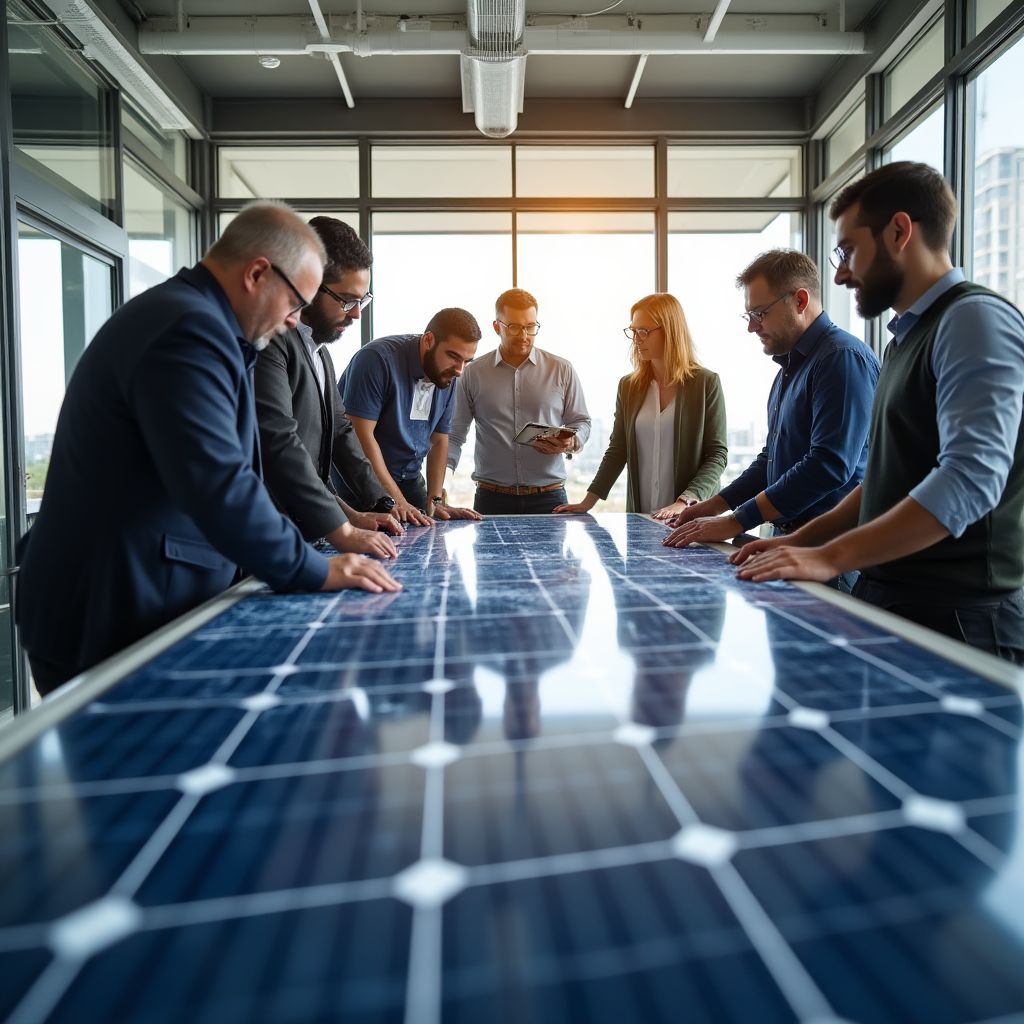 Tým inženýrů pracující na projektu zelené energie